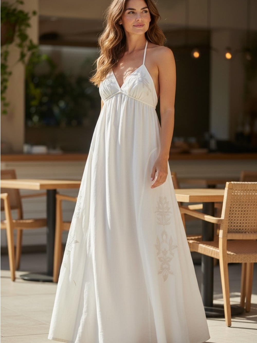 New Robert Rodriguez Ivory Embroidered  A line  Halter Maxi Dress Vacation 12